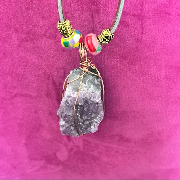 Amethyst Crystalline Wire Wrapped Stone Pendant Necklace Handmade Leather Cord - Picture 4 of 15